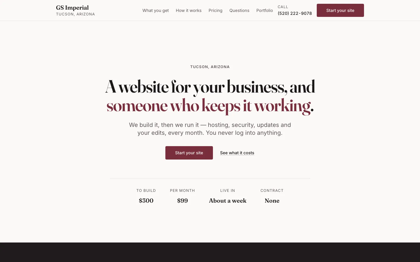 The top of the GS Imperial home page in the Almanac template: a large, centred serif headline on a warm, light page, with the price, time to launch and contract terms set in a row beneath it.