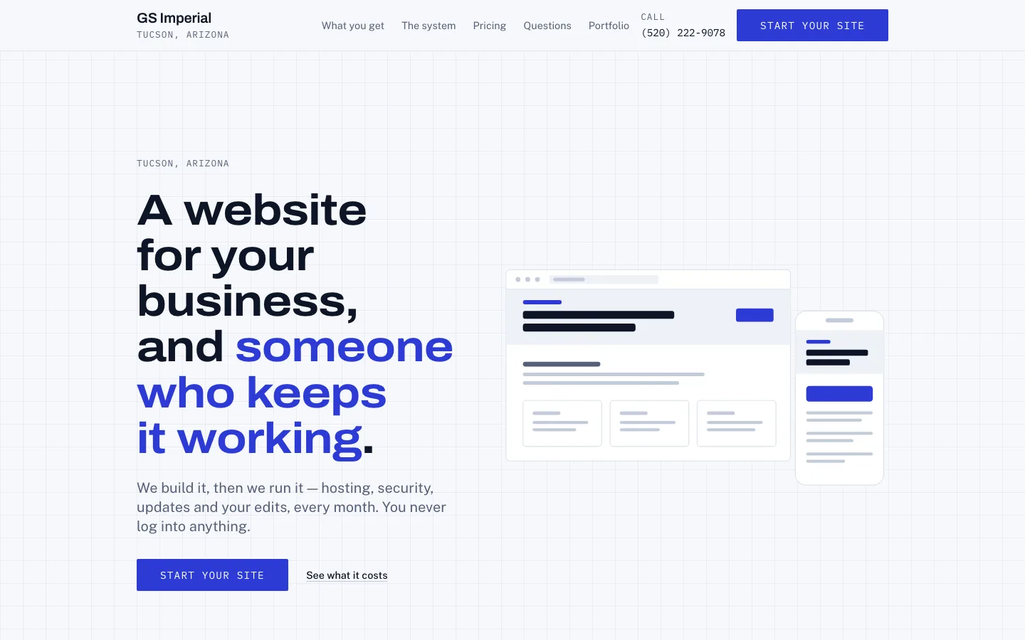The top of the GS Imperial home page in the Caliper template: a wide, bold headline on a light blueprint grid, beside a line drawing of a website on a laptop and a phone.